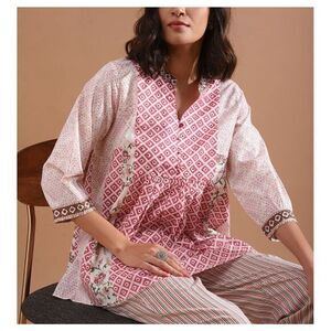 Jaypore Patchwork Tunic Top Womens Large Pink White Bohemian Boho Ethnic Blouse